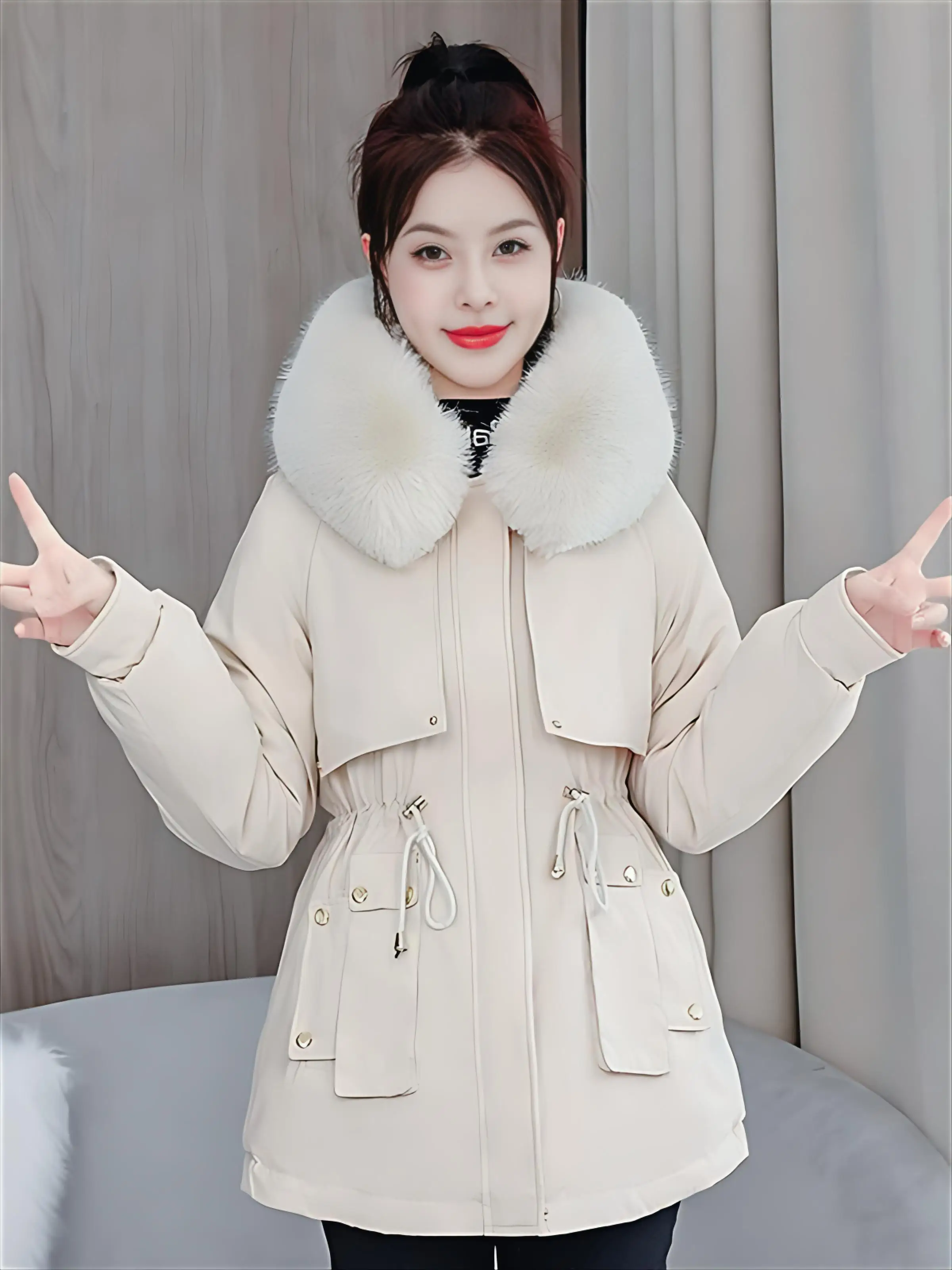 

Женская парка-пуховик осенняя, высококачественная, с капюшоном, на подкладке из шерпы, для активного отдыха, с шелковистым поясом, ветрозащитная, силуэтная, с элементами кэжуал-дизайна