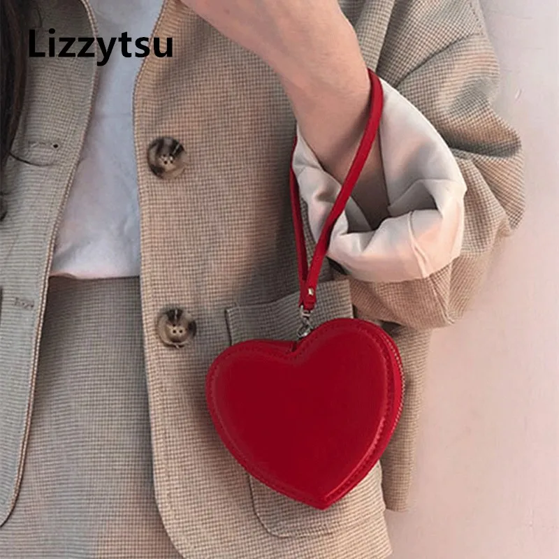 Lizzytsu Retro PU Zipper Red Heart Shaped Wallet Korean Casual Mini Coin Purses Women Janpan Kawaii Handbag Party Small Wristlet