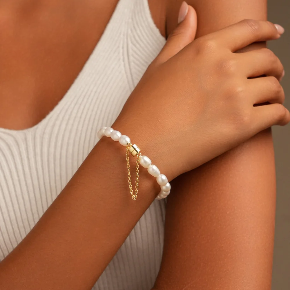 

YWYC 6-7mm Rice Shape Freshwater Pearl Bracelet 16cm 18cm 20cm Heart Geometric Magnet Bracelet Jewelry Gift 2025 New Arrivals