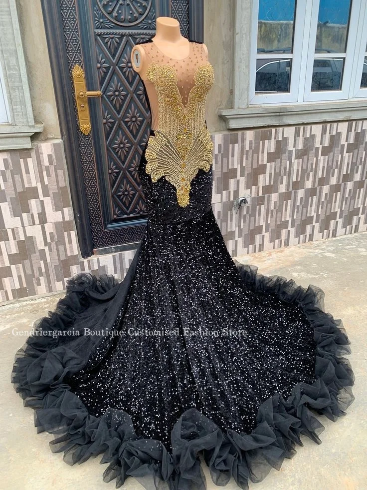 Sparkling Black Diamante Mermaid Prom Dress 2024 For Women Luxurious Lace Appliqué Sequins Formal Field Ball Gowns