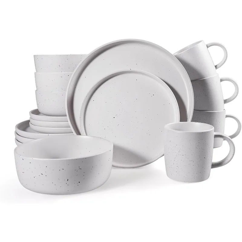 

Dish Set for 4, 16 pieces Ceramic Plates and Bowls Set with Mugs, Microwave, Oven & Dishwasher Safe, White Speckled