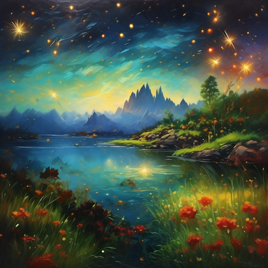 

5985685 Starry sky, forest and animals themed oil painting