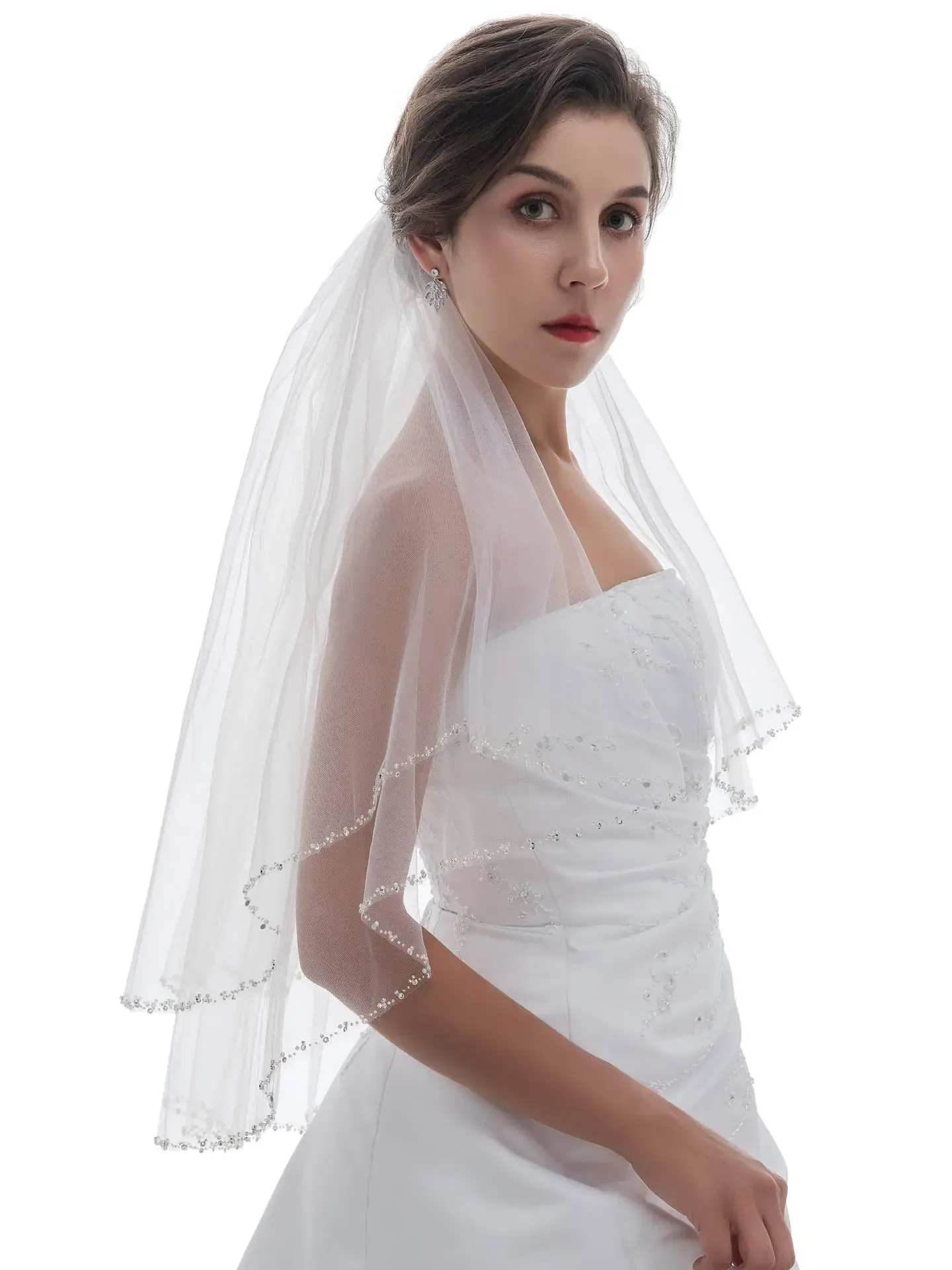 2T 2 Tier Silver Pearl Crystal Beaded Edge Bridal Veil 2022