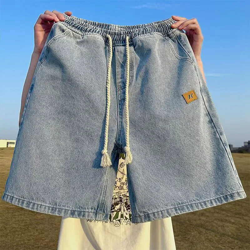 Men Basic Loose Outdoor Sports Casual Shorts Male Daily Knee Lenght Denim Short Pants Straight Wide Leg Wash Summer Short Jeans