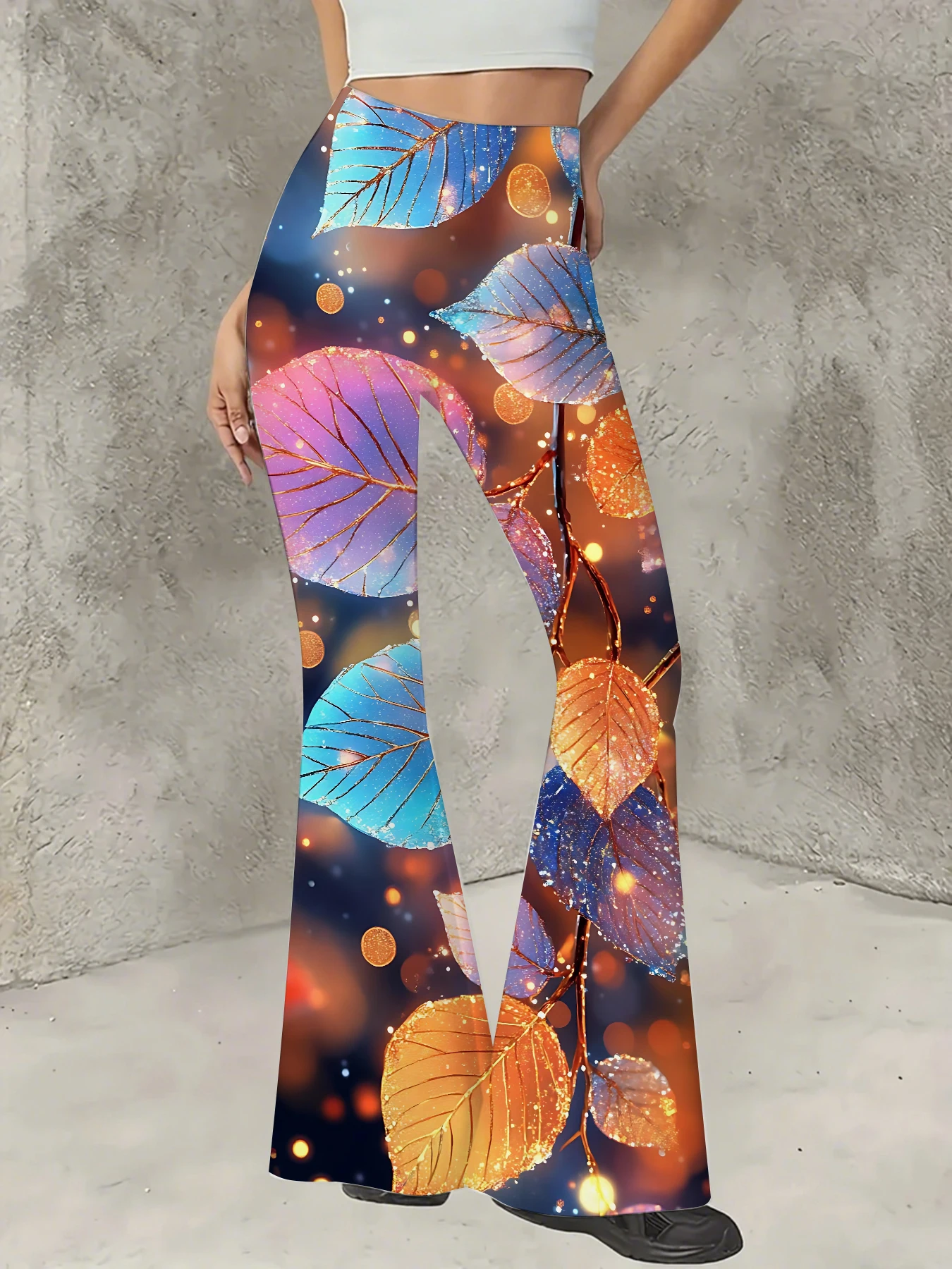 

Women's Print Flare Pants Casual High Waist Knit Bell Bottom Trousers Boho