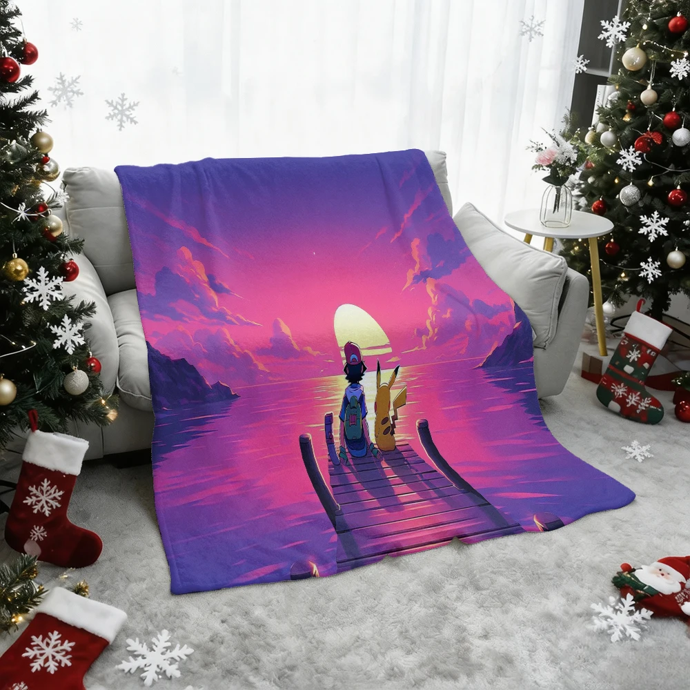 Pokemon Ash and Pikachu Pink Sunset Dock Print Flannel Throw Blanket Soft Warm Blanket for Sofa Bed Home Decor