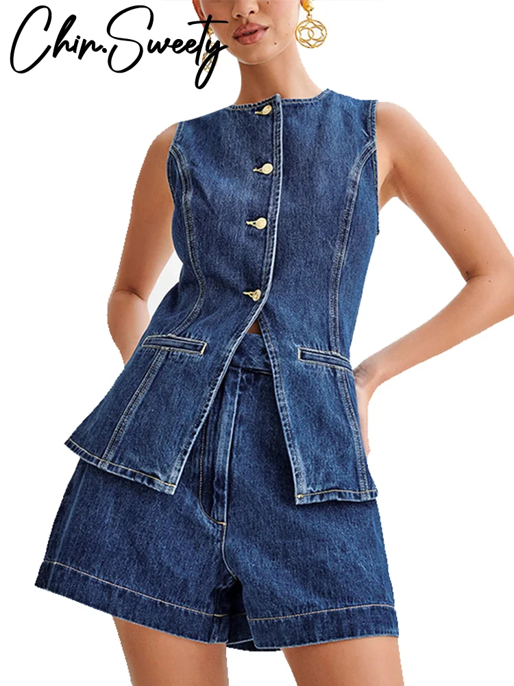 Casual Denim Shorts Sets for Women Sleeveless Single Breasted Split Top Vest High Waist Wide Leg Shorts Suit Female Lady Set