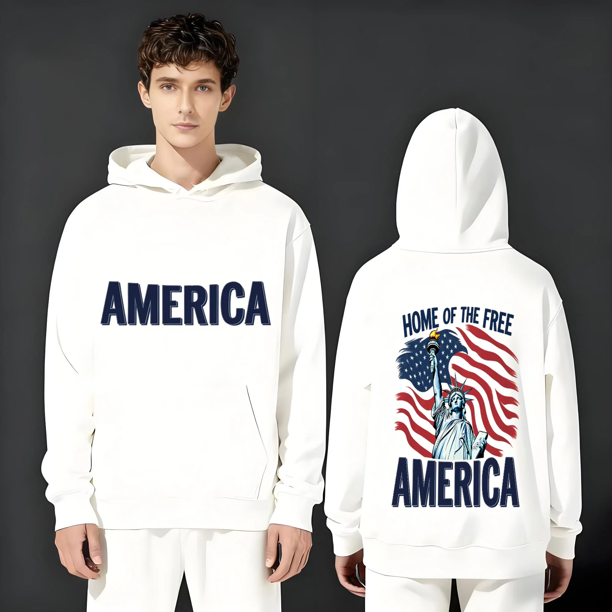 

The 2025 casual fashion 330g heavyweight hoodie is suitable for both men and women featuring letter and Statue of Liberty prints