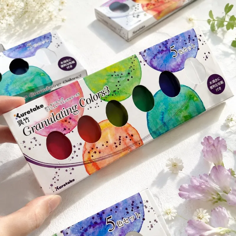 Original Kuretake Gansai Tambi Granulating Colors 3，Solid Watercolor Paint Set 5 Colors Artist Calligraphy Drawing Art Supplies
