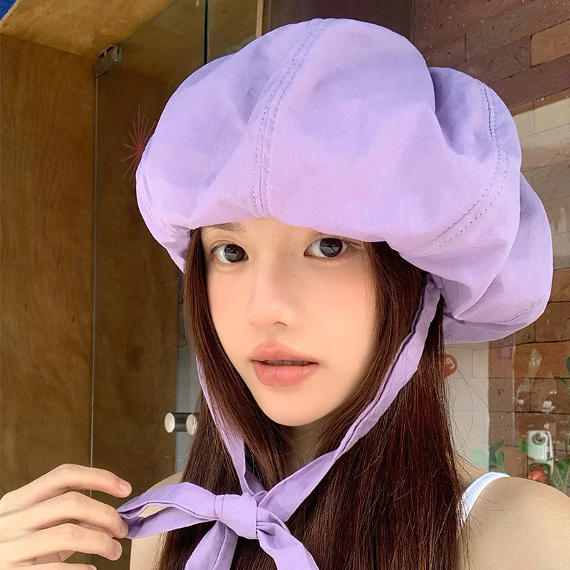 

Japanese Solid Color Simple Large Version Strap Beret Women's Spring and Summer Outdoor Sweet Versatile Octagonal Painter Hat