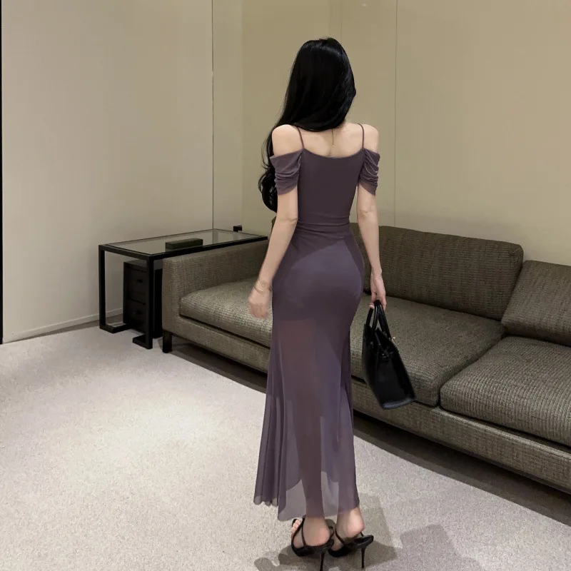 Sexy Low Cut Shoulder Strap Dress Slimming Mesh Splice Workwear High Waist Red Cloud Silk Short Sleeve Bodycon Dress for Women