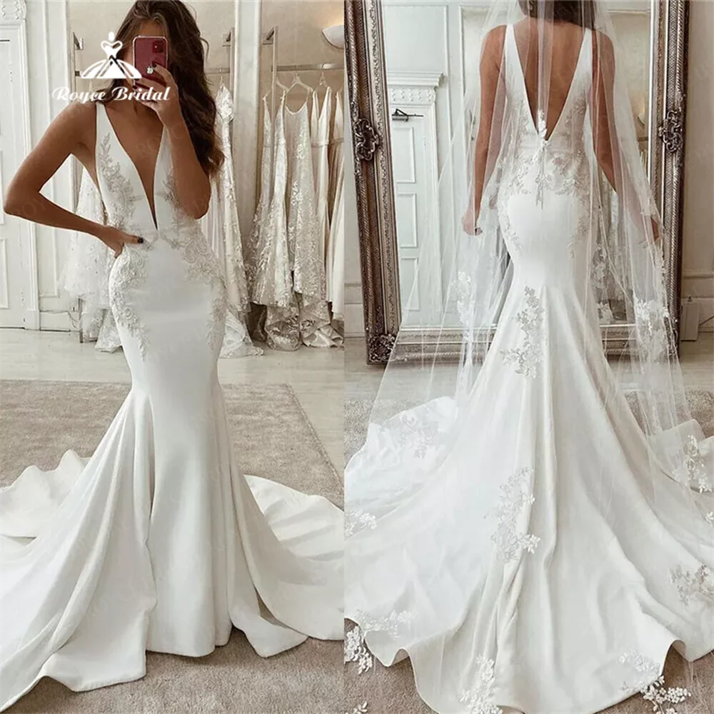 Roycebridal-vestido de noiva sereia gola V para mulheres, vestido cetim, trem tribunal, vestido de noiva para convidados, 2022