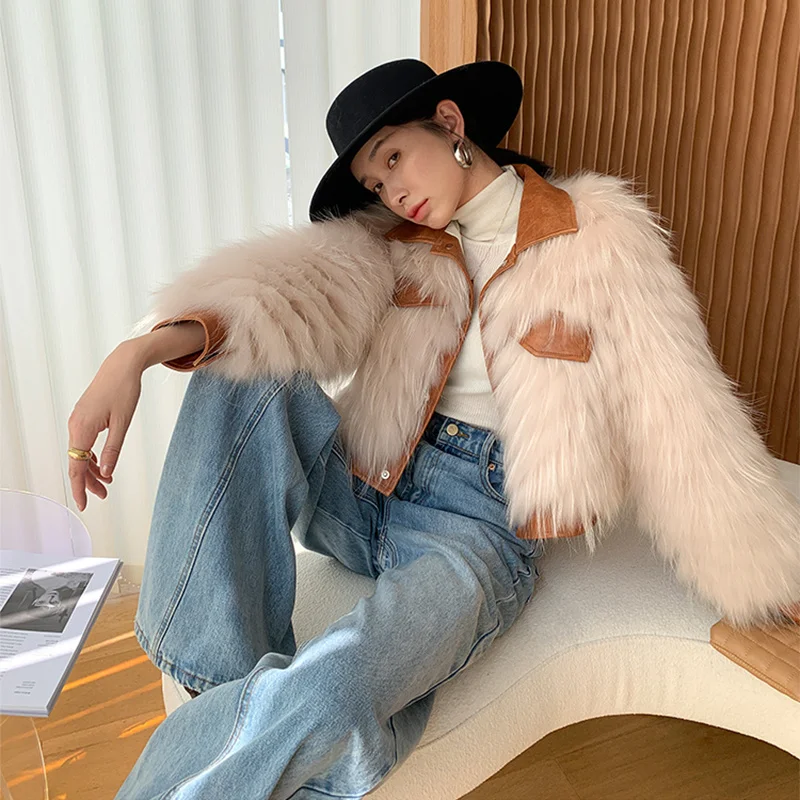 ฤดูหนาวขนสัตว์จริงแฟชั่นสำหรับผู้หญิง Raccoon Fur Patchwork สั้น Outerwear Sheepskin Lapel Single-Breasted Casual Lady Jacket