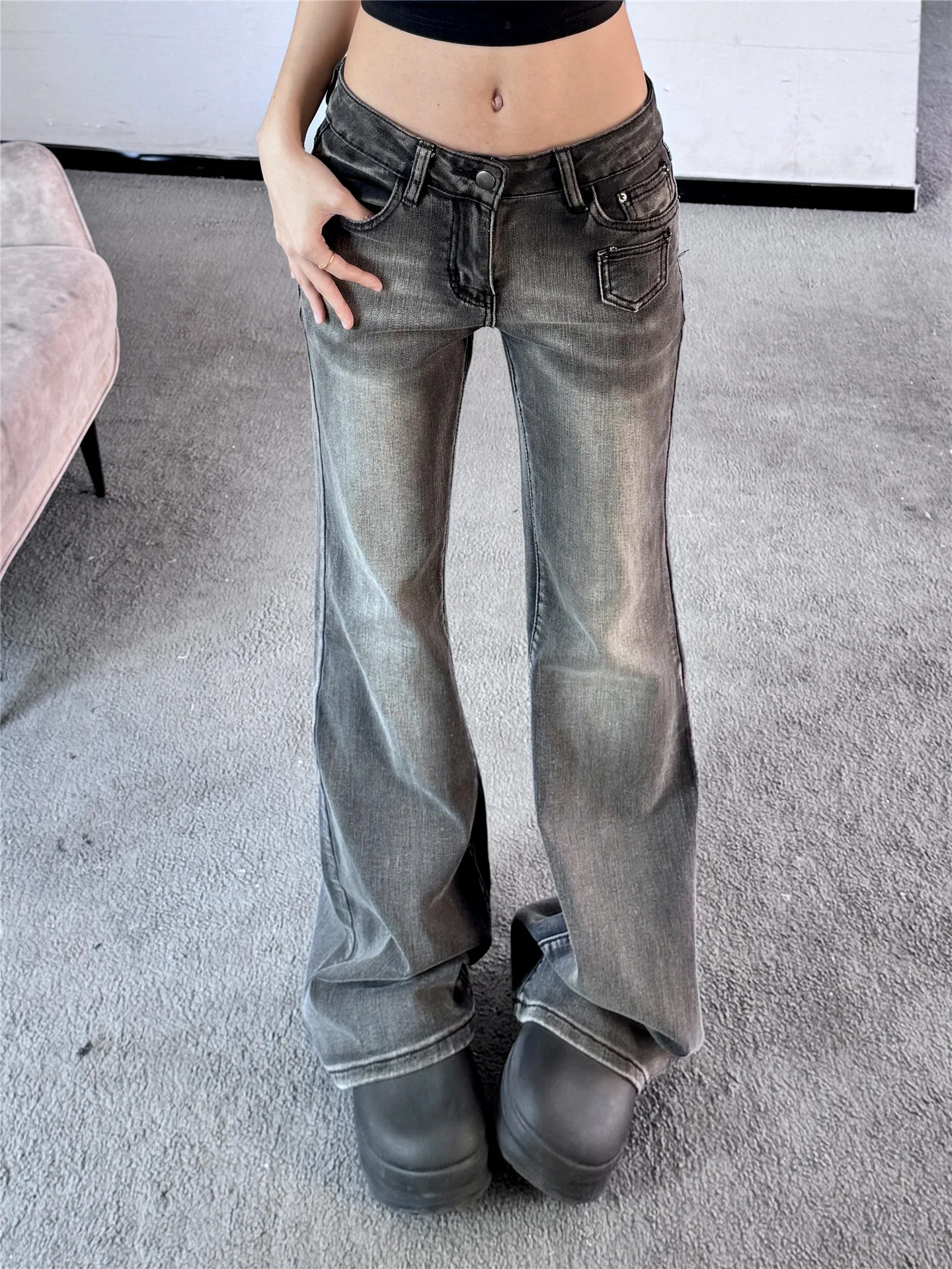 

American Style Vintage High Waist Bell Bottom Jeans Women's Autumn Winter Slimming Skinny Sexy Black Grey Denim Pants