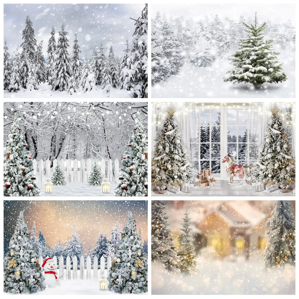 

Winter Scene Photography Backdrops White Snowy Forest Christmas Tree Shiny Snowflake Kids Baby Portrait Background Photo Studio