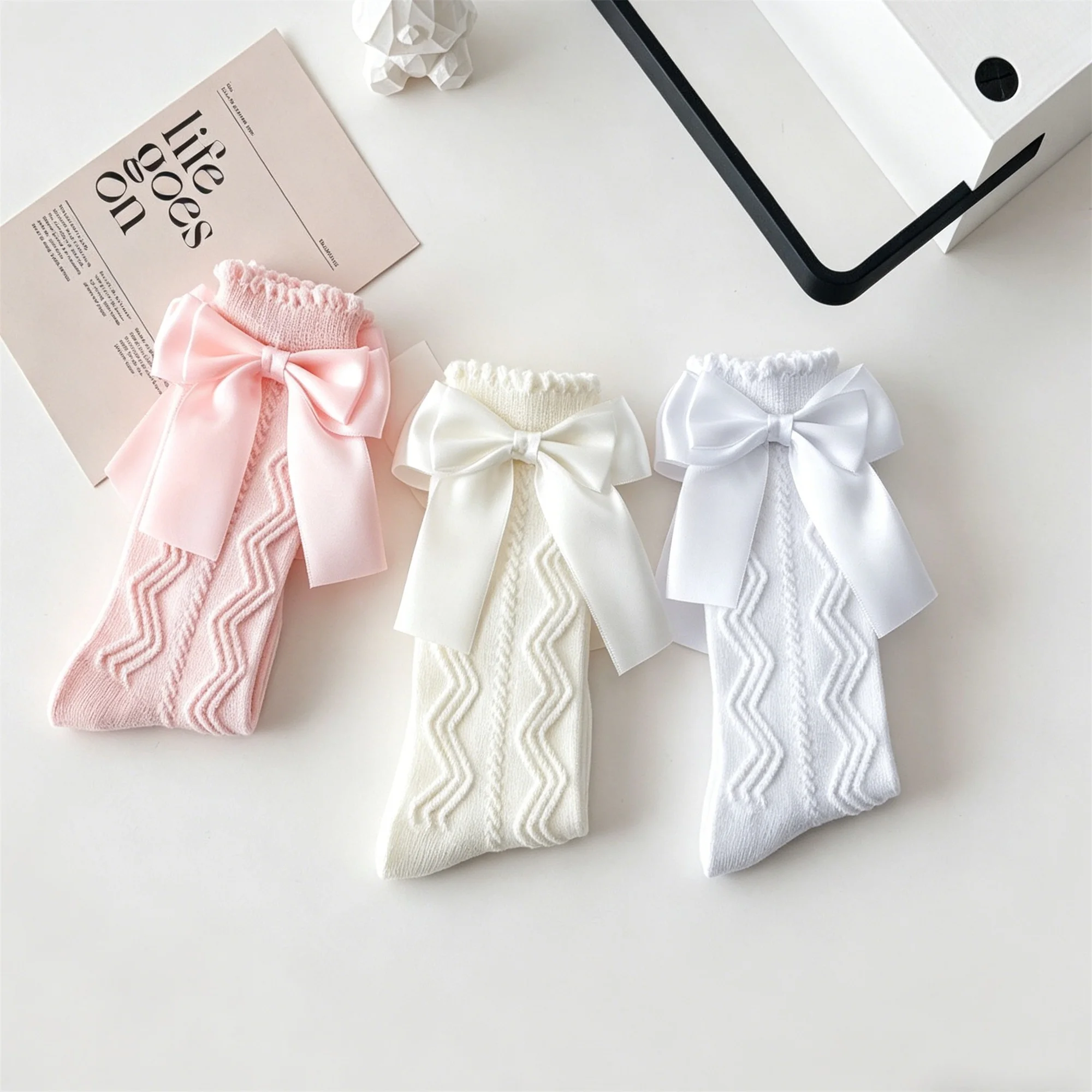 Infant Baby Girl Knee High Socks Ribbon Bow Decor Cute Breathable Lolita Princess Stockings