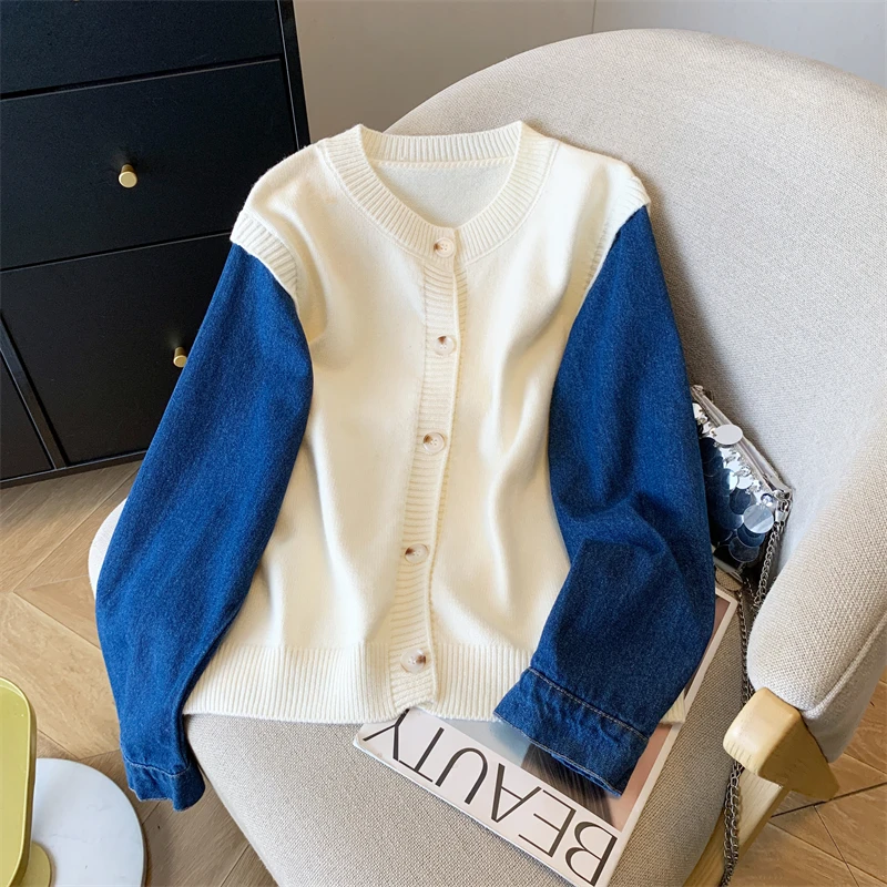 

Women's Apricot Denim Patchwork Cardigan Sweater Vintage 2000s Y2k Jumper Knitwear O-Neck Long Sleeves Cashmere Sweater Autumn