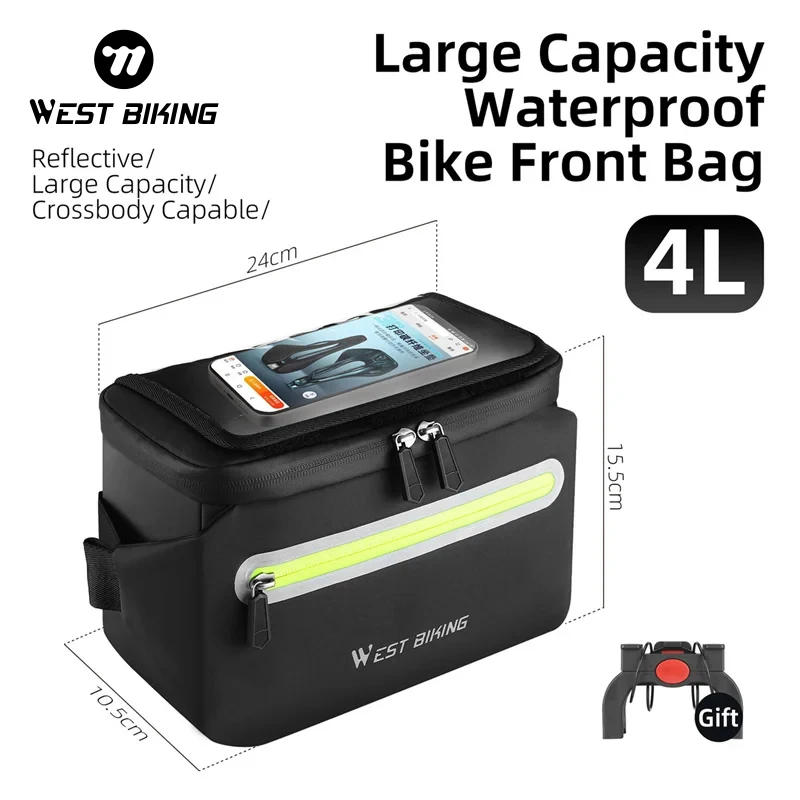 WEST BIKING Bicycle Front Bag Touch Screen Bike Handlebar Bag 4L Bike Phone Bag For Below 8.6 Inches Phone Cycling Accessories