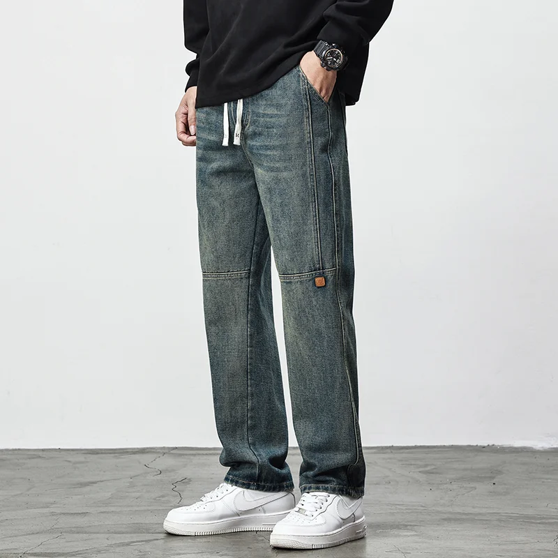 Männer Kordelzug Jeans Beiläufige Lose Jeans Harajuku Mode Retro Blaue Hose Gerade Elastische Taille Casual Große Größe 4XL