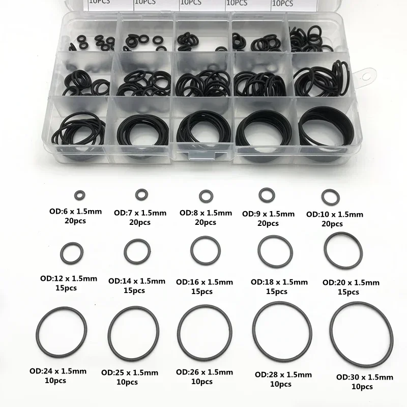 

225pcs/Box Rubber O Ring Thickness 1.5mm Assortment Black O-Ring Seal Set Automotive Repair Plumbing and Faucet Air Seal Gaskets