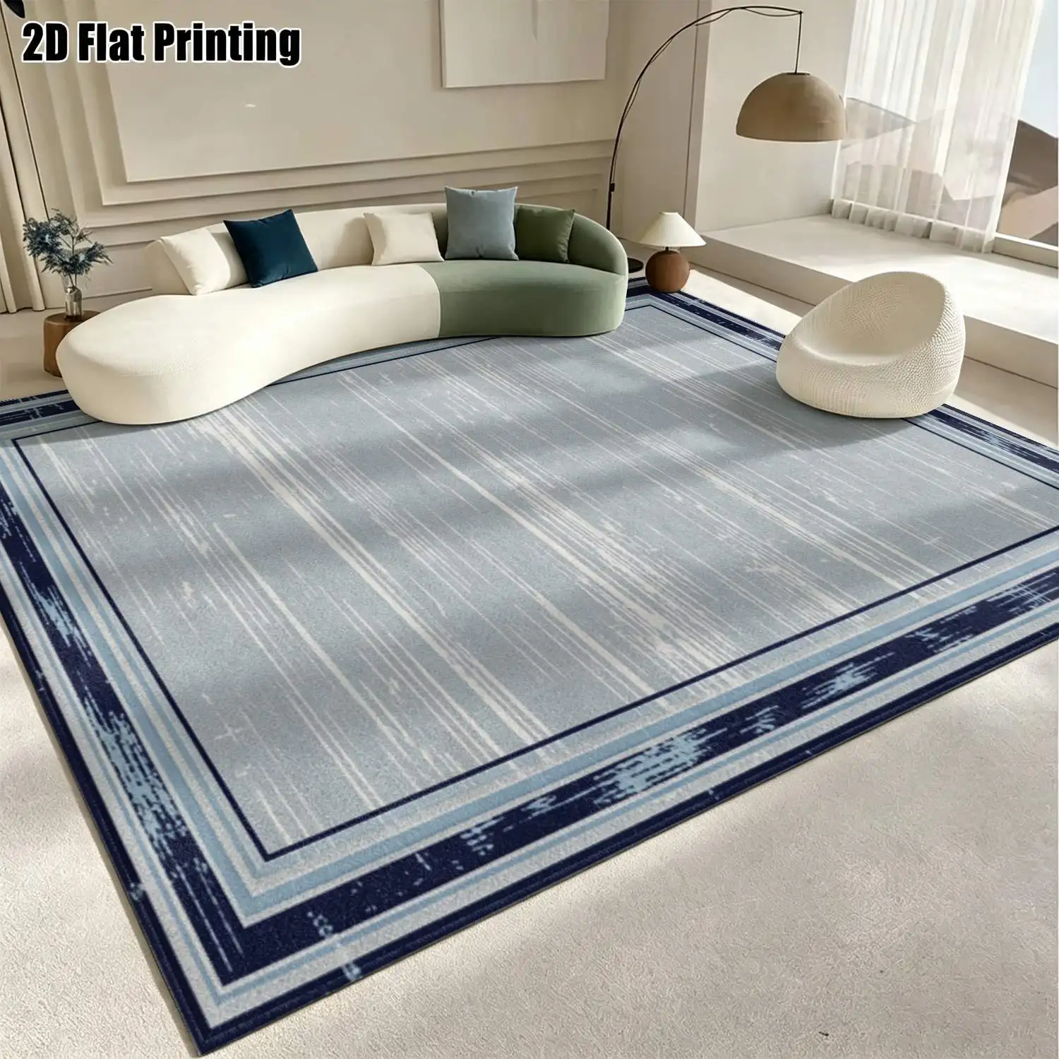 1Pc 2D Printed Carpet: Grey-Blue Retro Border, Modern Minimalist Nordic Style, Home Decor, Multi-Size, Machine Washable, Suitable for Multiple Settings