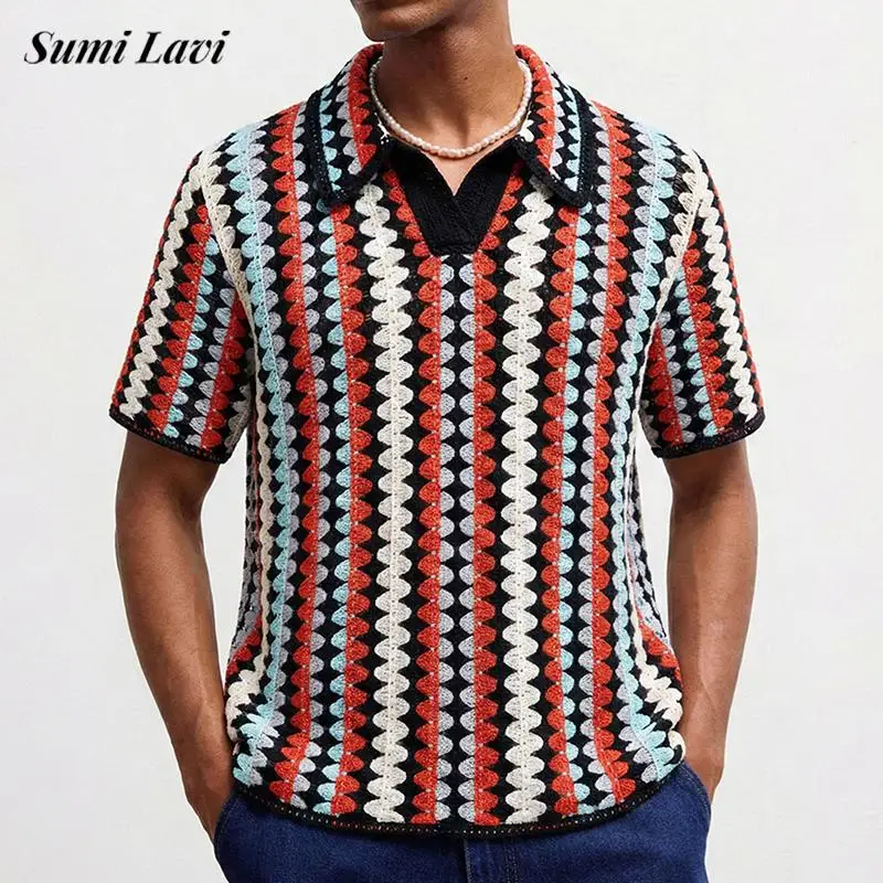 Fashionable Contrast Color Striped Knitted Polos Men Casual Hollow Out Short Sleeve Slim Polo Shirt Mens Summer Vintage Jumper