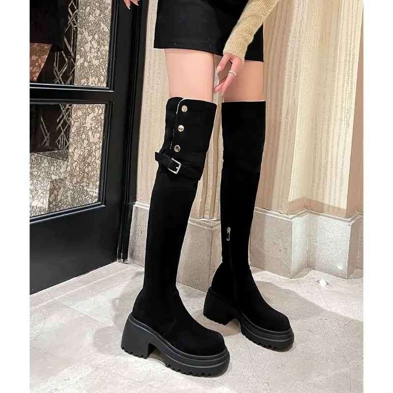 Rome Women's Boots Knee High Flock Fashionable High-quality Vintage Paired with Dress Knight Boot Square Heel Women Shoe Apricot