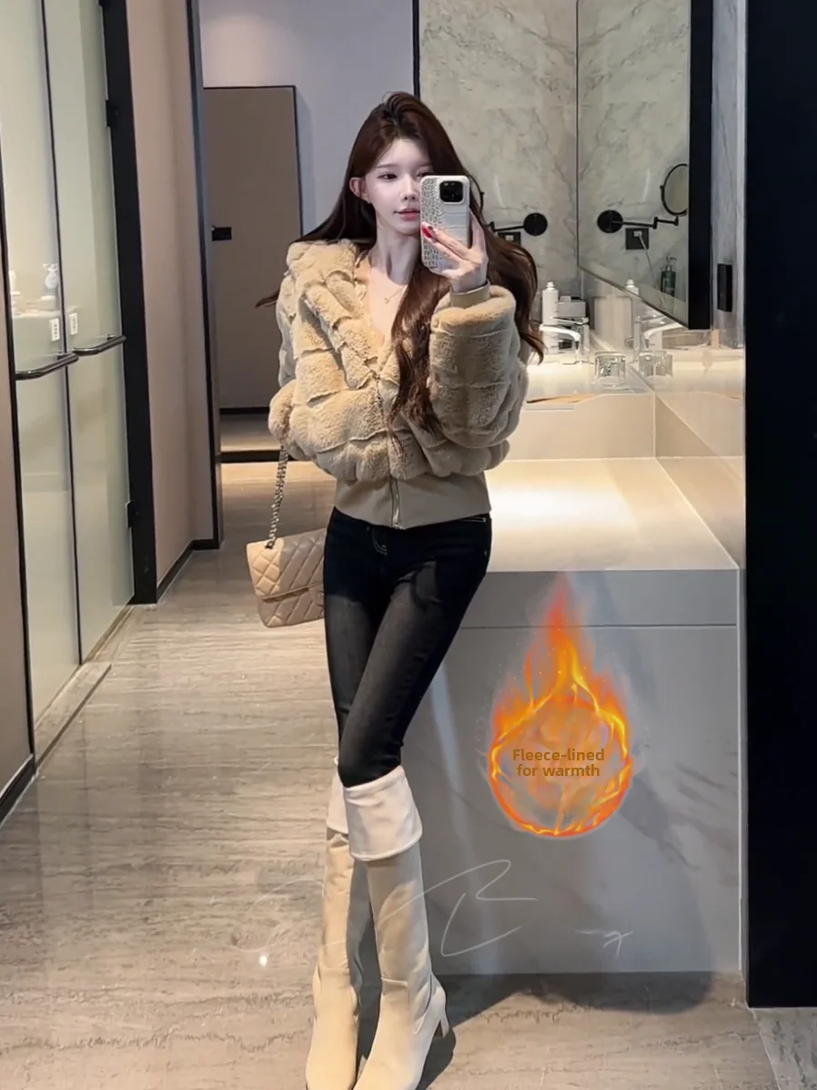 

Женские джинсы с высокой талией, на флисовой подкладке, облегающие, теплые, осенне-зимние, с эффектом подтяжки ягодиц, укороченные, в корейском стиле