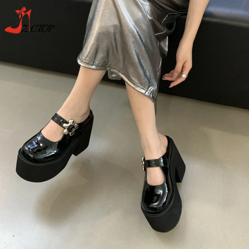 Black Block Heels Patent Leather Women Pumps Punk Lolita Closed Toe Platform Sandals Chunky High Heeled Slippers Summer Shoes