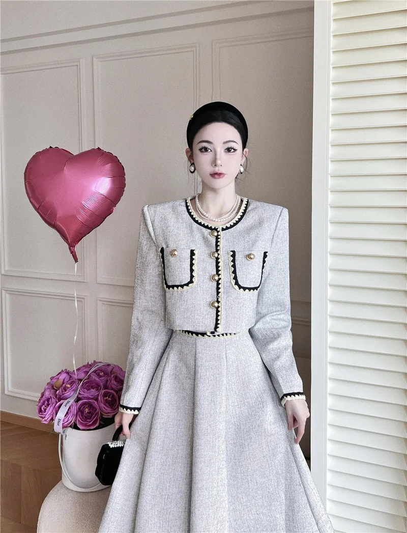 Short Tweed Jacket for Women 2024 Korean Clothes Grey Suit Cardigan Coat A Line Swing Black Pleated Skirts 2 Piece Sets