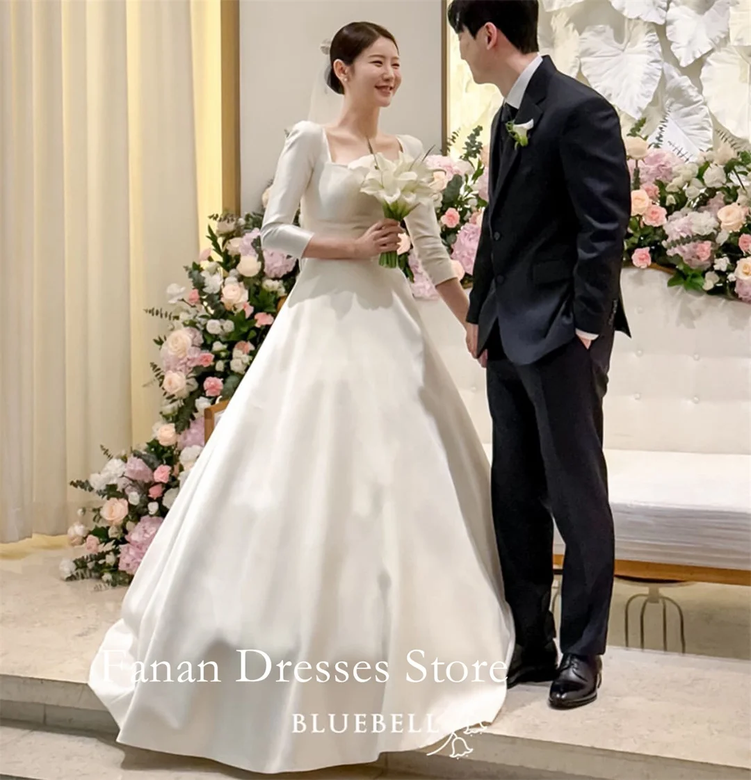 

FANAN Корейское элегантное свадебное платье трапециевидной формы с квадратным вырезом 웨딩드레스 с рюшами и половиной рукавов цвета слоновой кости по индивидуальному заказу, красивые платья невесты P