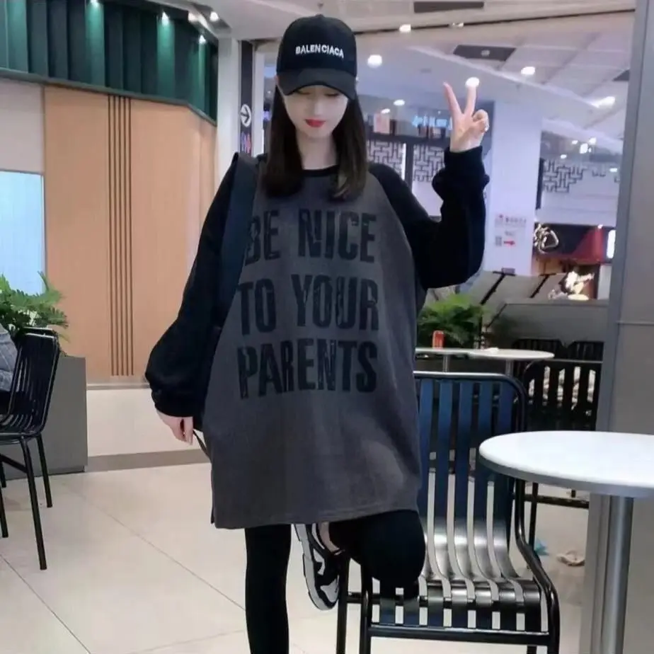 Oversized Autumn Winter New Casual Korean Patchwork O-neck Mid Length Top Female All-match Letter Loose Long Sleeve T-Shirts