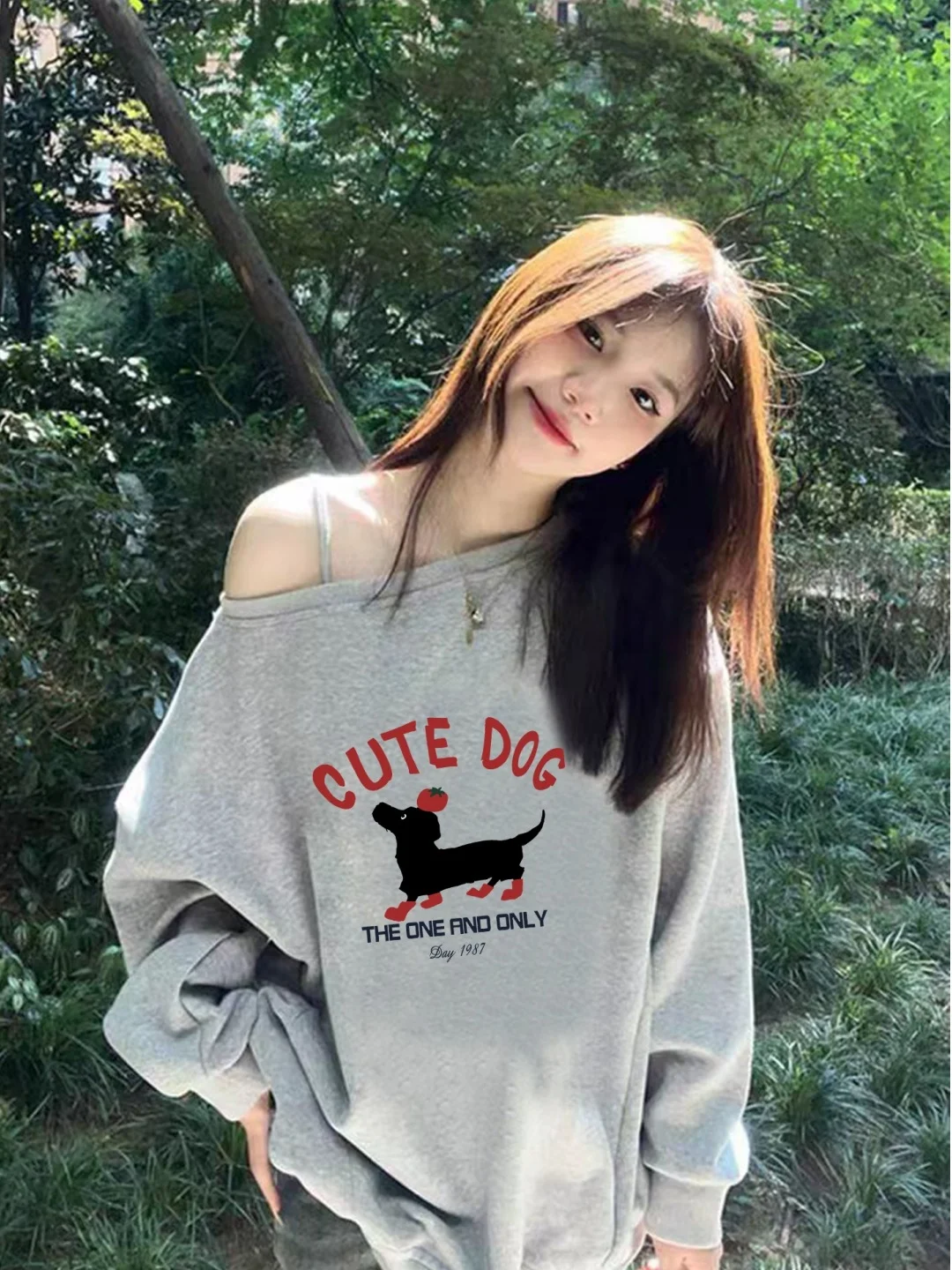 Sweet Cute Cartoon Dog Print Long Sve Sweatirt Light Beige oulder Design Comfortable Loose Fit Korean Sle Women's irt