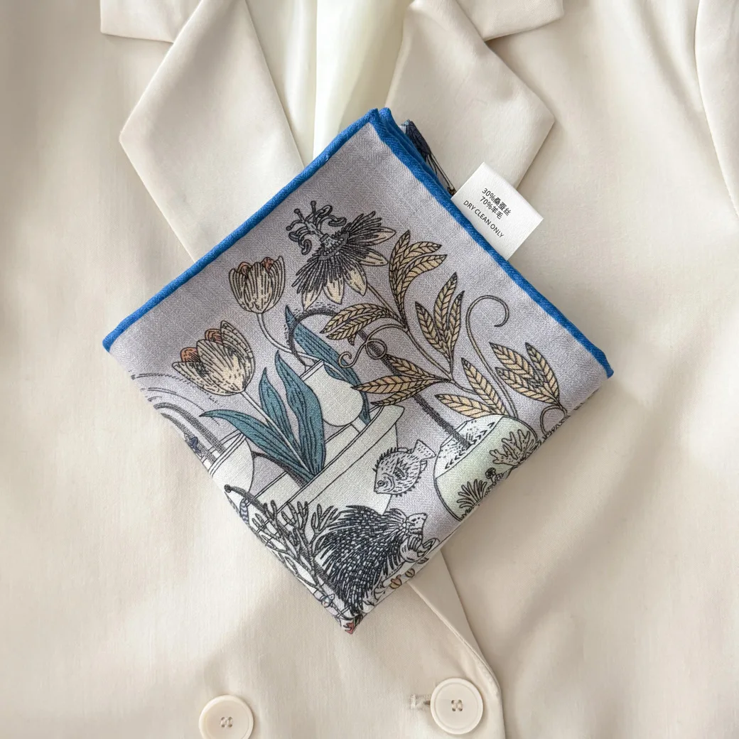 68% Wool 32% Silk Square Scarf for Women Winter Luxury Brand Blue Cartoon Print Neck Squares Head Wrap Handbag Scarf
