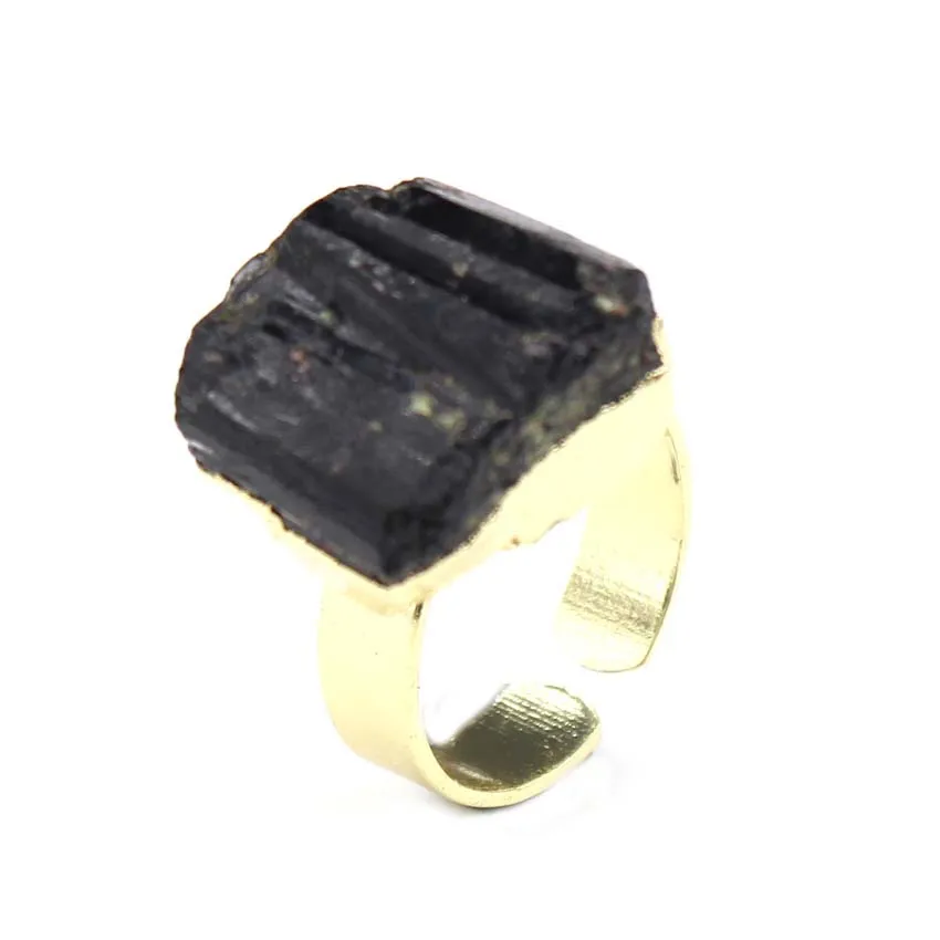 Trendy-beads Yellow Gold Color Resizable Irregular Shape Black Tourmaline Crystal Stone Men Ring For Father\'s Day Gift Jewelry