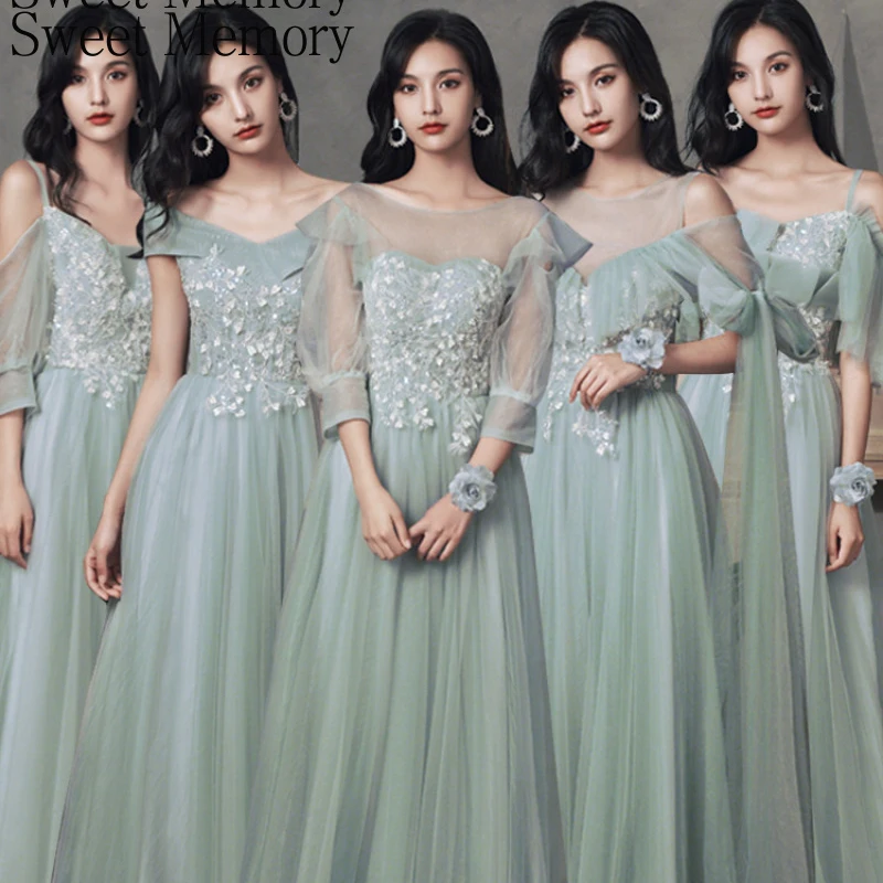 J2118 Greydish Green Long Bridesmaid Dresses Lady Girl Women Princess Robe Banquet Performance Dance Ball Dress Formal Gown