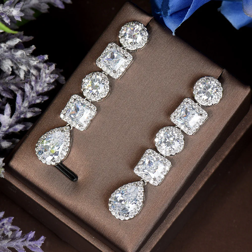 

HIBRIDE Clear AAA Cubic Zircon Square Water Drop Dangle Earrings For Women Round Long Earring Bridal Wedding Jewelry E-560