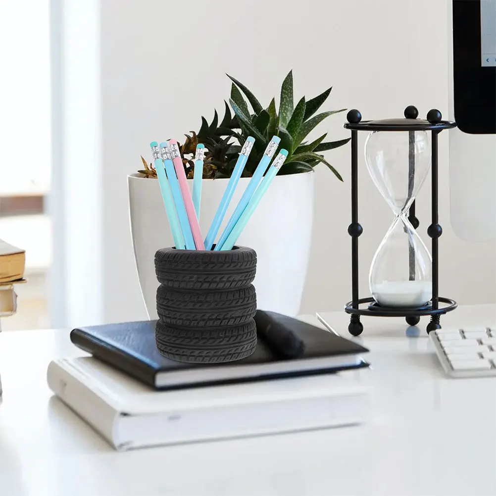 

4pcs Tire Shaped Pen Holder Black Plastic Multifunctional Stationery Organizer Flower Pot Cute Desk Accessory Office
