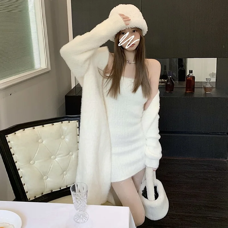 2024 Spring Korean two piece dress elegant  Knitted suit mini dress women luxury Sexy 2 piece sets white Cardigan two piece set