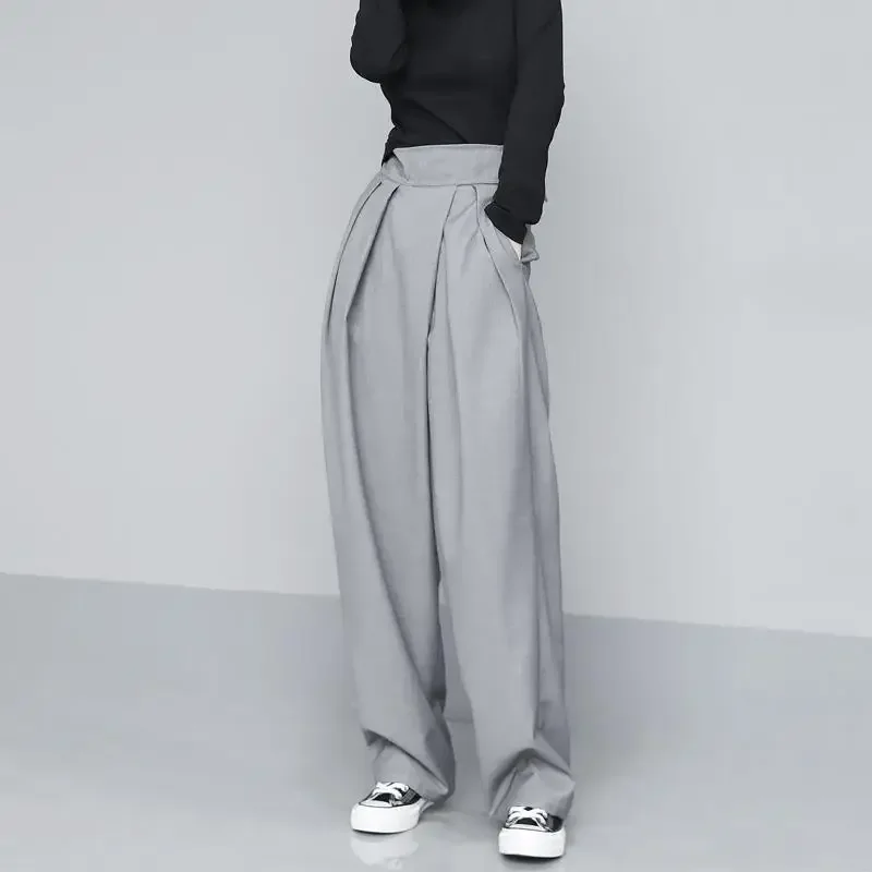 Pantalones largos plisados de pierna ancha para mujer, pantalón corto negro de cintura alta, holgado, a la moda, primavera y otoño, 2021