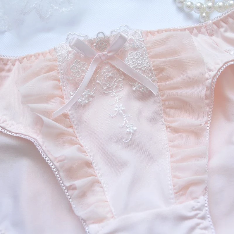 Women Cute Lovely Sweety Lolita Panties Princess Style Lace Embroidery Ruffles Underwear Stretch Milk Silk Breifs