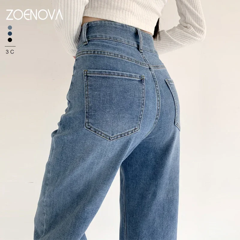 ZOENOVA Elastic Jeans Women Lengthened  Korean Fashion Denim Pants Vintage High Waist  Autumn Baggy Street Casual Jean 3 Color