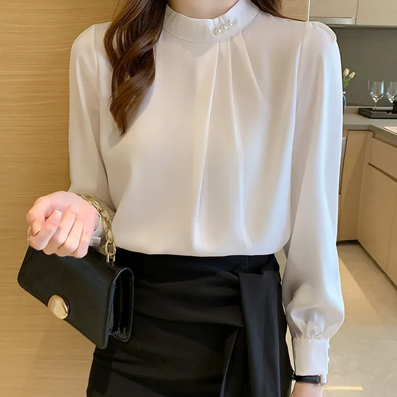

Fashion Long Sleeve Stand Collar Women Blouse White Black Elegant Satin Black Shirt Women Tops Blusas De Mujer Camisas JJ792