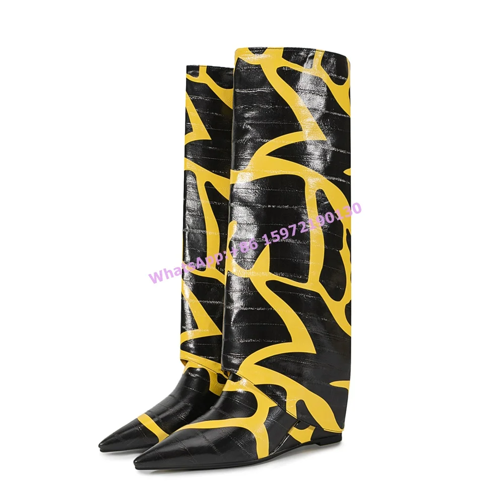 Black Yellow Knee High Boots Slip On Wedges Pointy Toe Turn Over Edges Knee High Boots Mixed Color Unique Design Winter Shoes