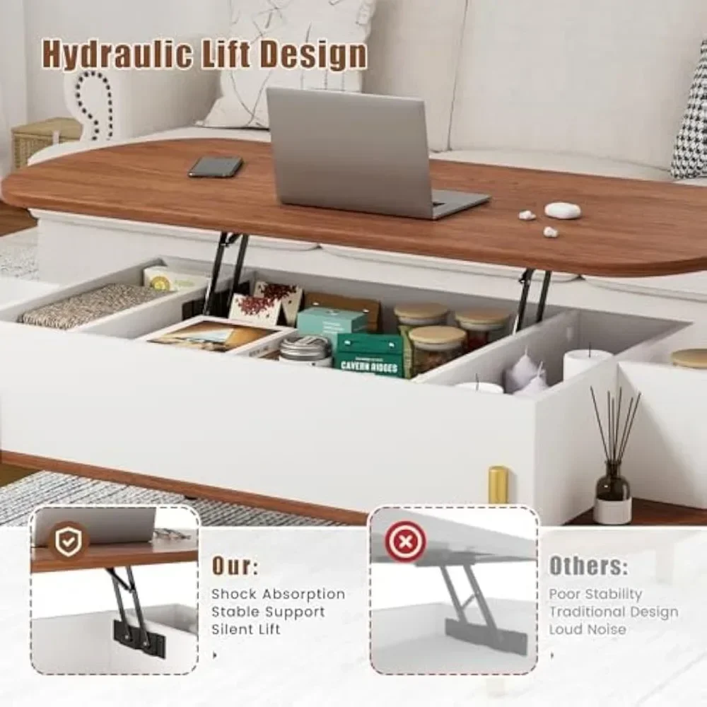 48" Oval Lift Top Coffee Table with Storage Metal Legs & Large Hidden Compartment, Coffee Table with Lifting Top with Open Shelf