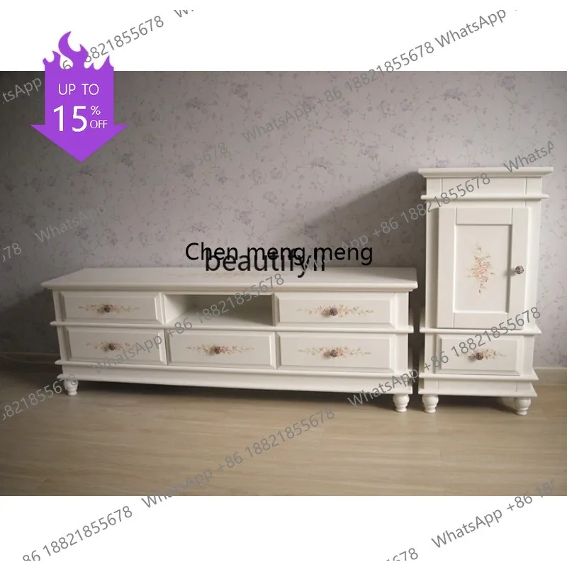 03 Mediterranean hand-painted painted TV high and low cabinet solid wood European country British style