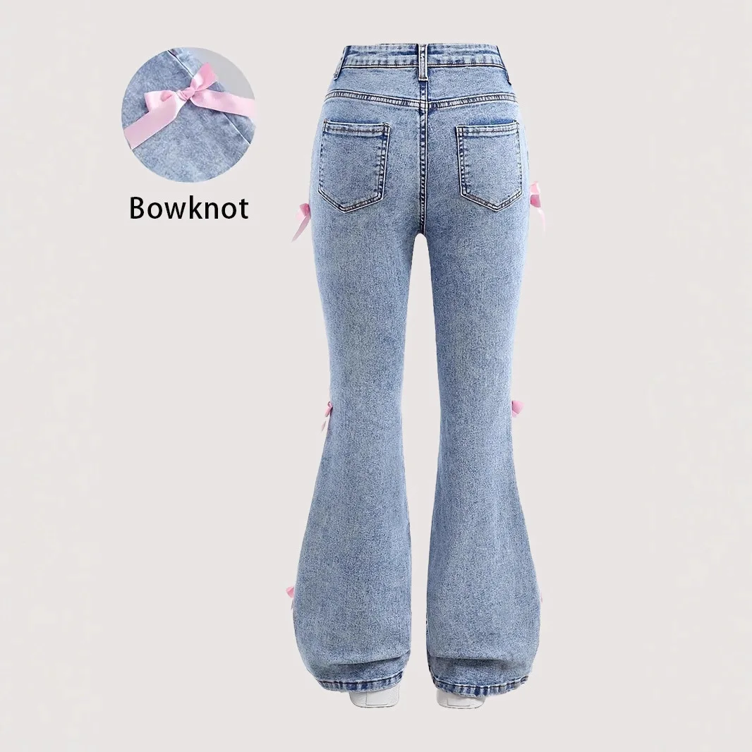 Fashion Girl Bootcut Jeans Slim Flared Denim Stretchy Vintage Wide Leg Baggy Loose Pants with Bow Kid Clothes Teenager Plus Size