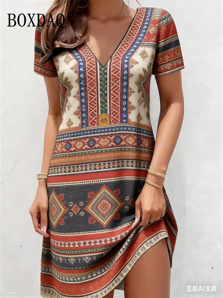 

Vintage Printed Party Dress Plus Size Women Casual V Neck Short Sleeve Midi Dresses For Women Summer Loose Dress 2026 Clothing