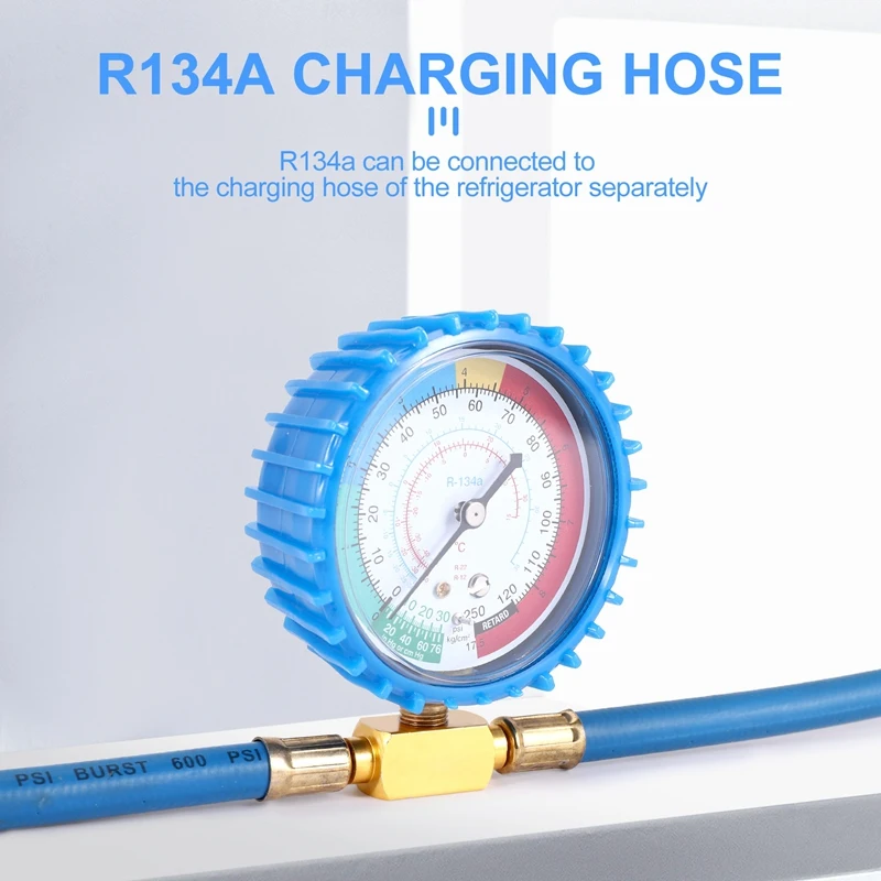 R134A Refrigerator Freon Recharge Hose Kit, R134A AC Refrigerant Charging Hose Gauge, Piercing Valve Hose Refrigerant