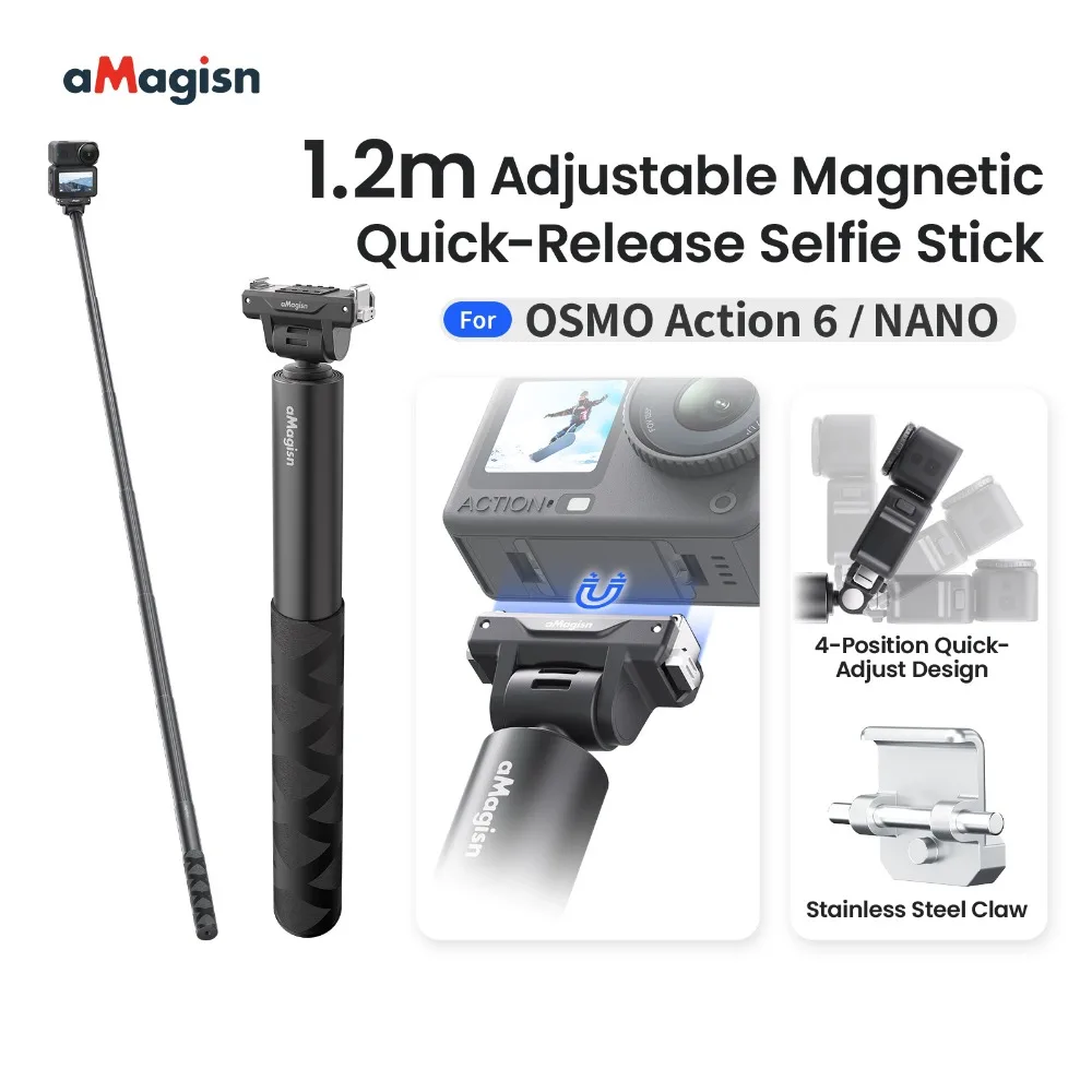 aMagisn 1.2M Perche à selfie magnétique à dégagement rapide, support réglable sur 4 niveaux pour DJI Osmo Nano & Action 6 Accessoire pour caméra